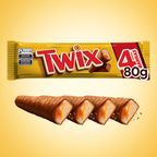 bombom recheado com biscoito e caramelo com cobertura de chocolate twix embalagem 4 un 80g